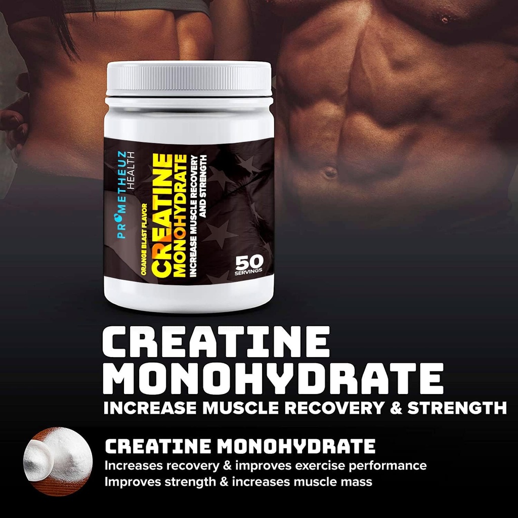PrometheuzHealth Creatine Monohydrate - 남자와 여자, 수염 근육과 관절에 근육 회복과 힘을 증가 | 오렌지 폭발 맛, 50 서빙