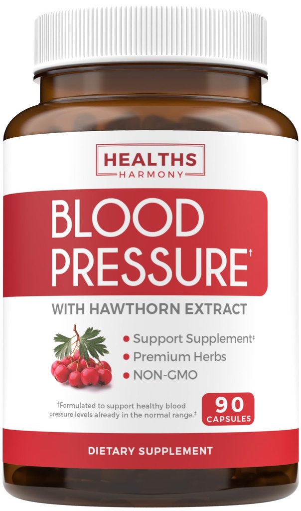 혈압 지원 보충교재 (NON-GMO) 프리미엄 자연적인 허브, 비타민 & 열매 - Hawthorn Berry 추출물의 높은 노출량 – 정상적인 범위에 있는 혈압 수준 이미를 지원합니다 – 90의 캡슐