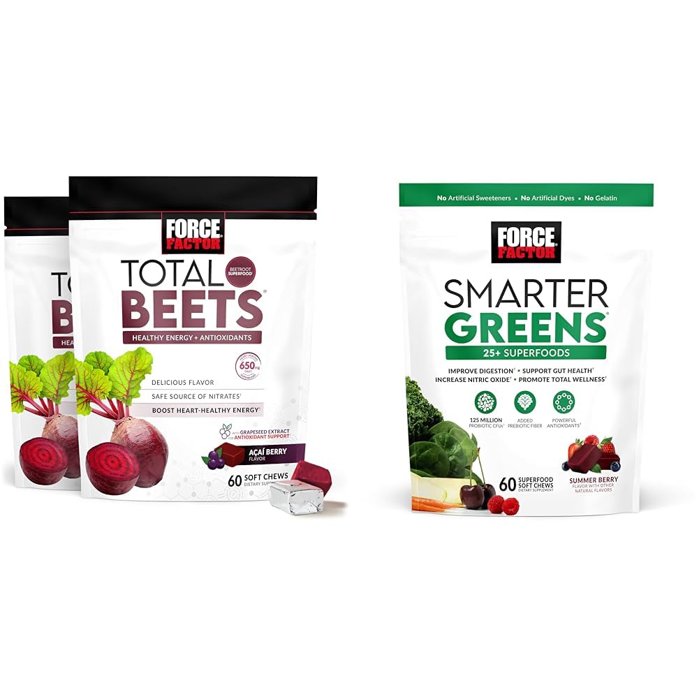 힘 요인 Beetroot, Grapeseed 추출물, 산화 방지제, Nitrates, L-Citrulline, 120 조사, 2-Pack 및 Smarter Greens Superfood Chews 25+ Superfoods, Probiotics, 산화 방지제 및 섬유, 60 조사를 가진 총 사탕 연약한 Chews