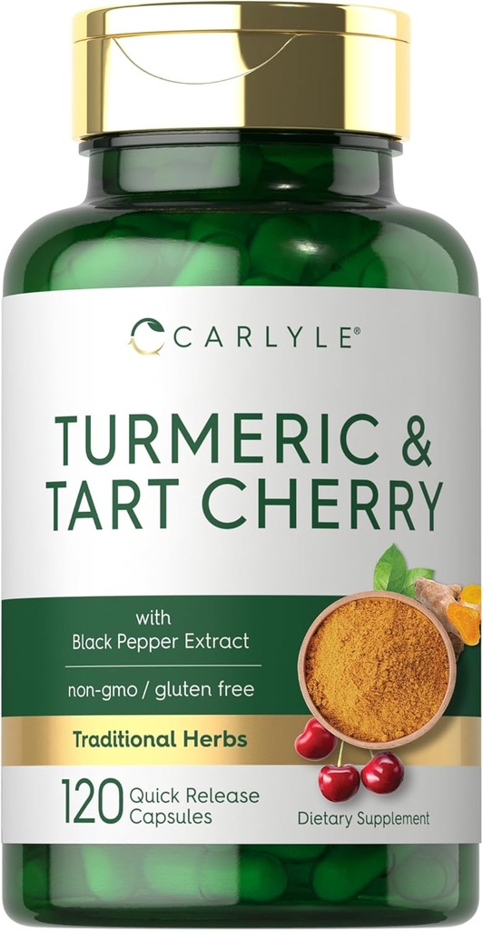 Carlyle Turmeric and Tart Cherry Capsules | 120 개 | Bioperine | 채식주의, 비 GMO, 글루텐 무료 보충