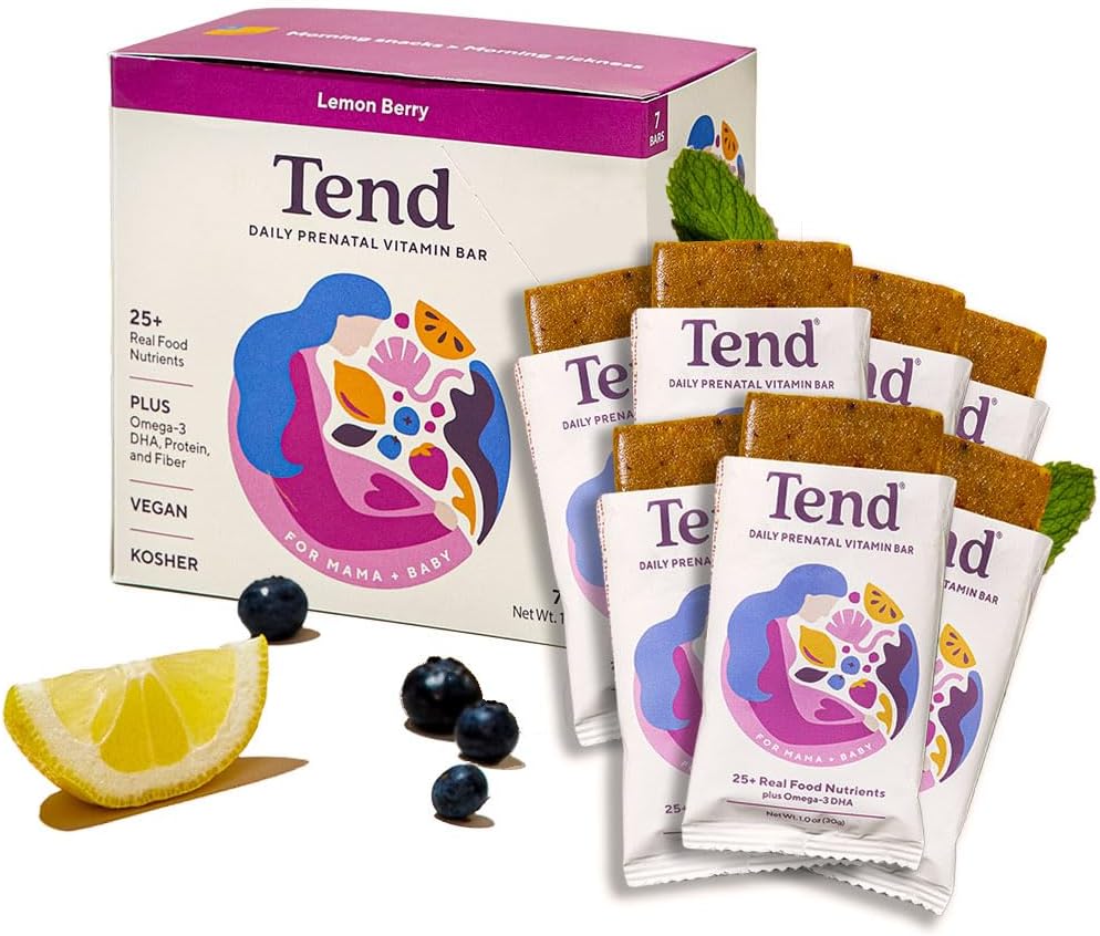 Tend Daily Best Prenatal Vitamin Bar, 임신 & Postpartum 어머니를위한 유기 성분으로 만든 DHA, 비타민 D, B, Choline, Folate - Lemon Berry (7ct)