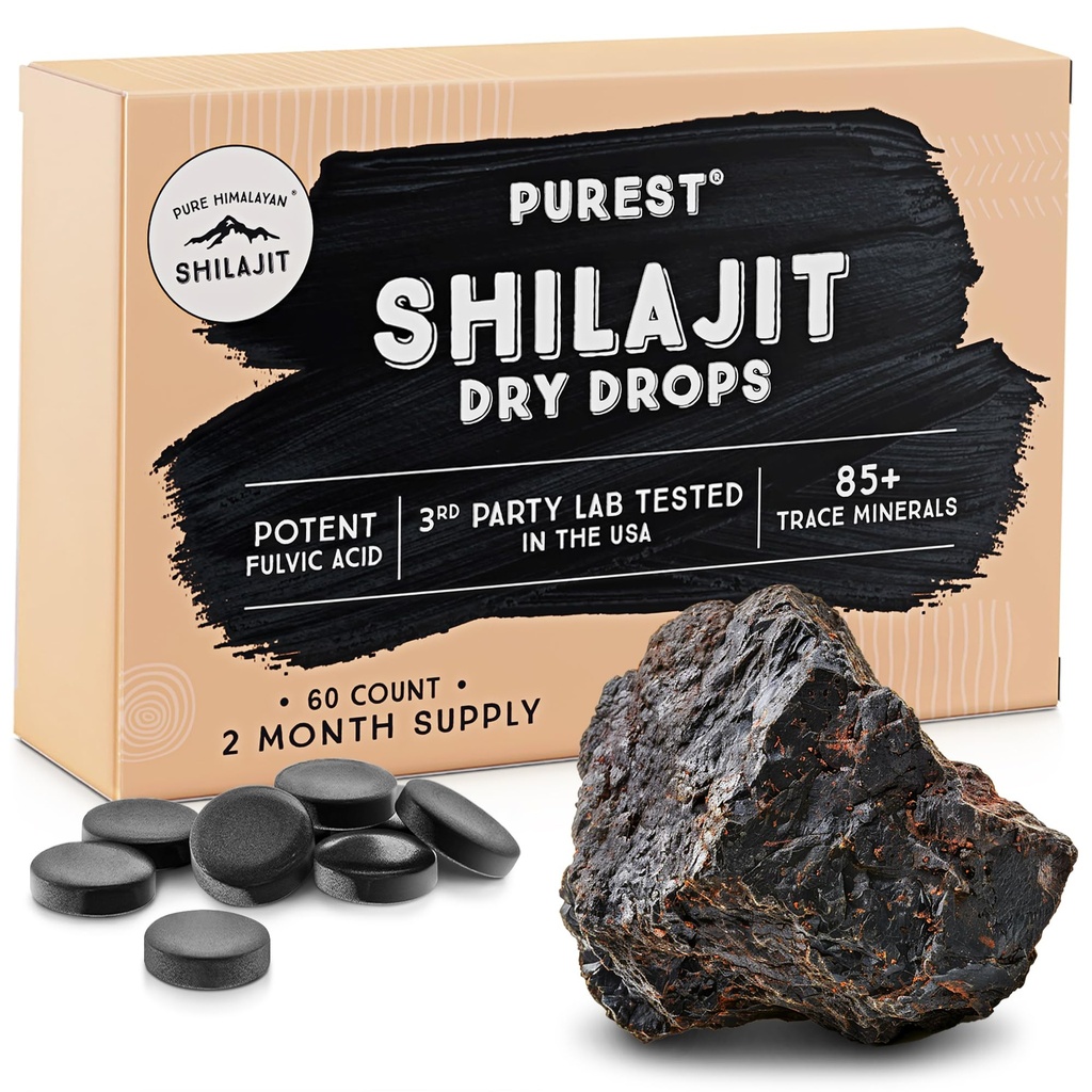 순수한 Himalayan Shilajit 건조한 하락, 100% 순수한 자연적인 Shilajit, 급료 A의 최대 힘 85+ 에너지, 대사를 위한 청결한 Trace 무기물 & Fulvic 산 & 남자 & 여자를 위한 면역성이 있는 지원 보충교재 (60의 탭)