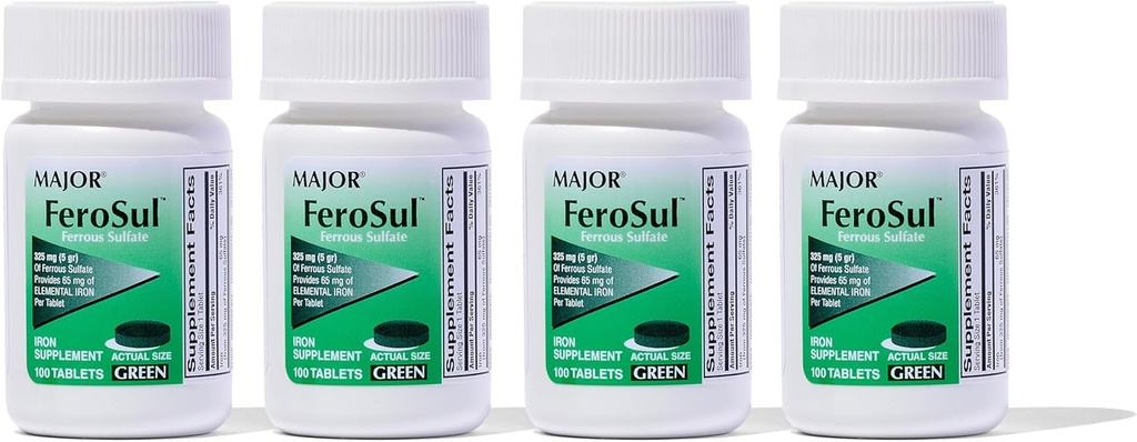 주요 Ferosul - 성분 철의 65mg을 가진 철 황산염 325mg 정제 - 여자를 위한 철 보충교재, 남자 - 녹색 - 100 조사 (4 팩)
