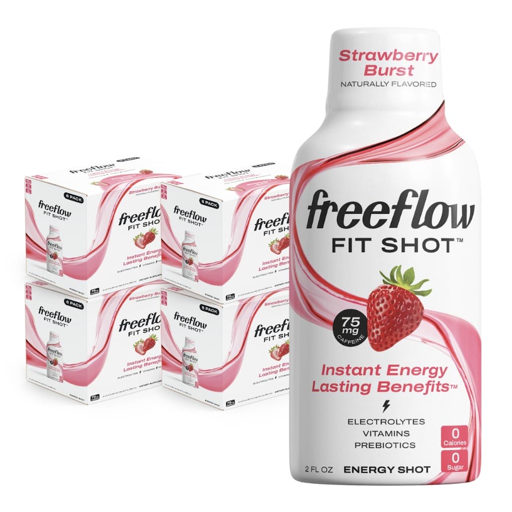 Freeflow Fit Energy Shot, Strawberry Burst, L-theanine, Ginseng, Vitamins, Prebiotics, Electrolytes (24 카운트, 2oz 샷)
