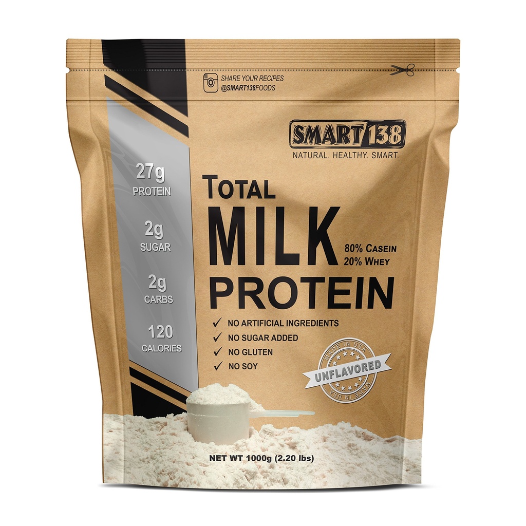 Smart138 총 우유 단백질 - 80% casein 20% Whey - RBST/rBGH 호르몬 자유로운, 글루텐 자유로운, Soy-Free, 비 GMO, 미국, Keto 낮은 Carb, 자연적인 BCAA (1000g/2.2lbs, unflavored)