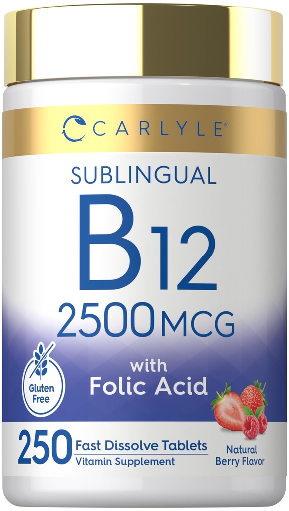 Carlyle Vitamin B12 하위 언어 2500 mcg | 250 빠른 용해 정제 | 성인을위한 Folic Acid와 Cyanocobalamin 보충 | 천연 베리 맛 | 채식주의, 비 GMO 및 글루텐 무료