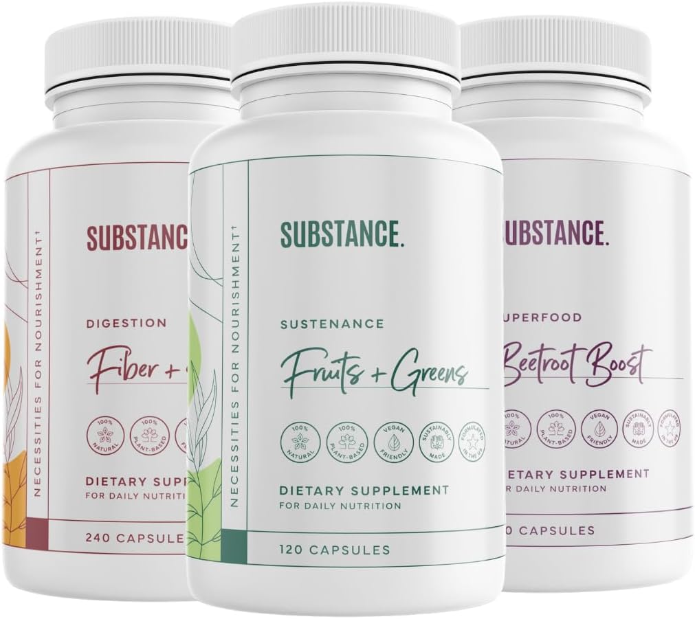 SUBSTANCE. 3-Pack 전반적인 웰니스 번들: 자연의 지속성 매일 과일 & 야채 (120의 모자) + 섬유 & 향료 (240의 모자) + Beetroot Boost (180의 모자) - 미국 Made, Vegan-Friendly