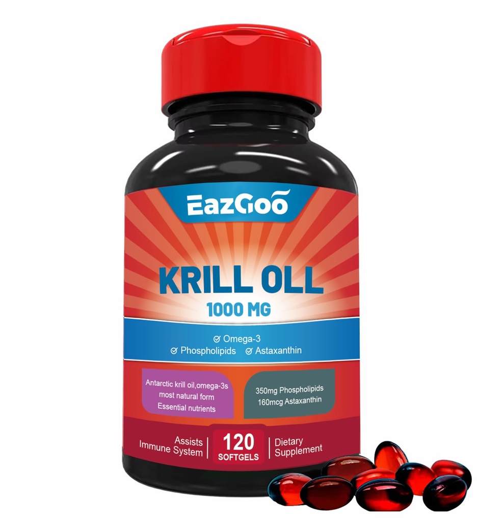 남극 크릴 오일 1000mg, 오메가 3 보충, EPA, DHA, 포스 포 지질 및 아스타시틴 - 120 Softgels