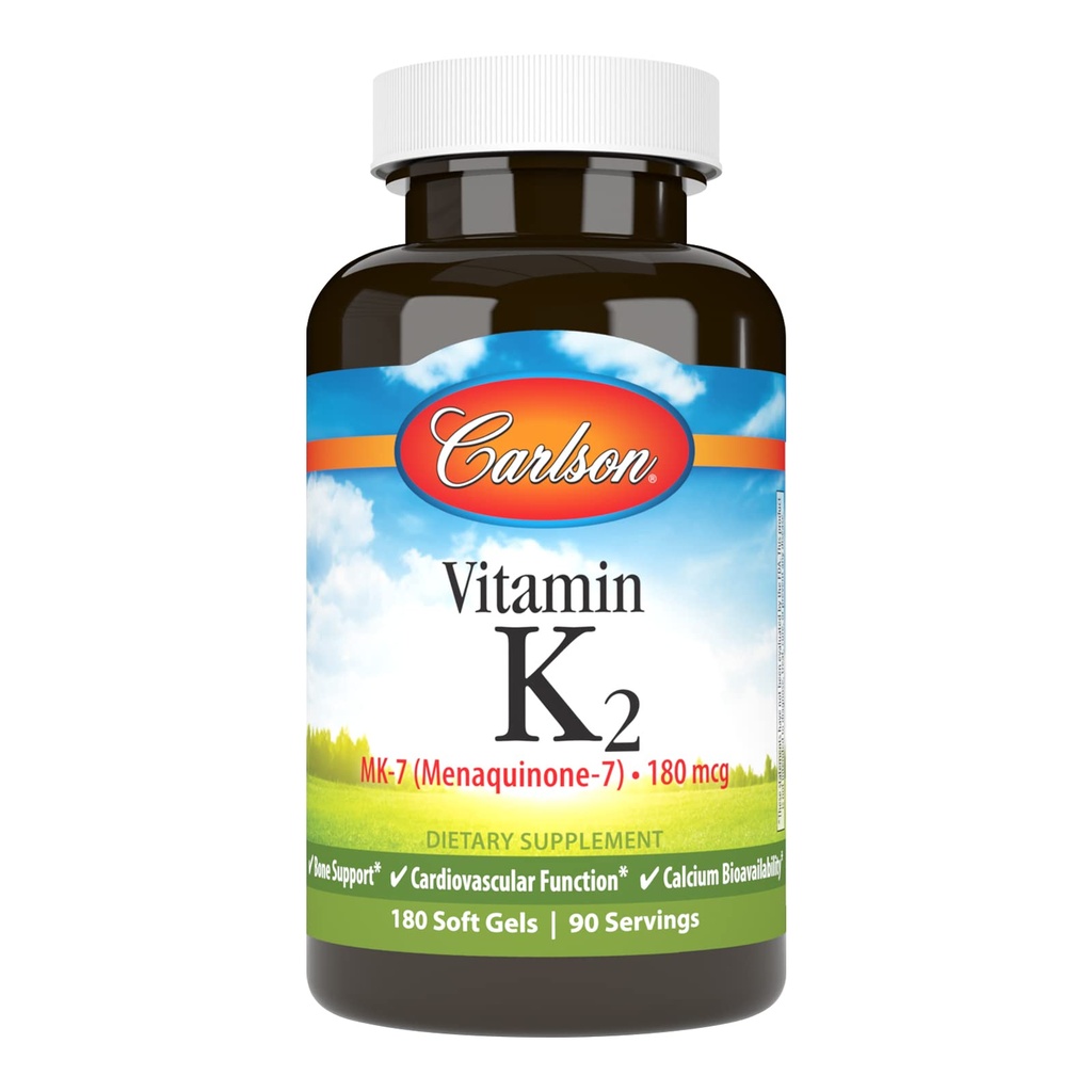 Carlson - 비타민 K2 MK-7 (Menaquinone), 180 mcg, 뼈 지원, 칼슘 Bioavailability, K2 비타민, 비타민 K-2, 180 Softgels