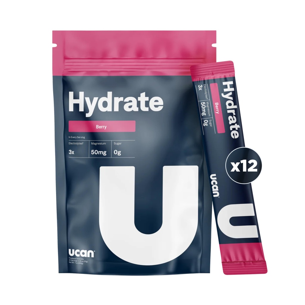 UCAN Hydrate Electrolyte 음료 혼합 (베리, 12 Stickpacks) Sugar-Free, Keto-Friendly, Vegan, Non-GMO, Gluten-Free Electrolyte Powder with Potassium & Magnesium for Runners & Athletes