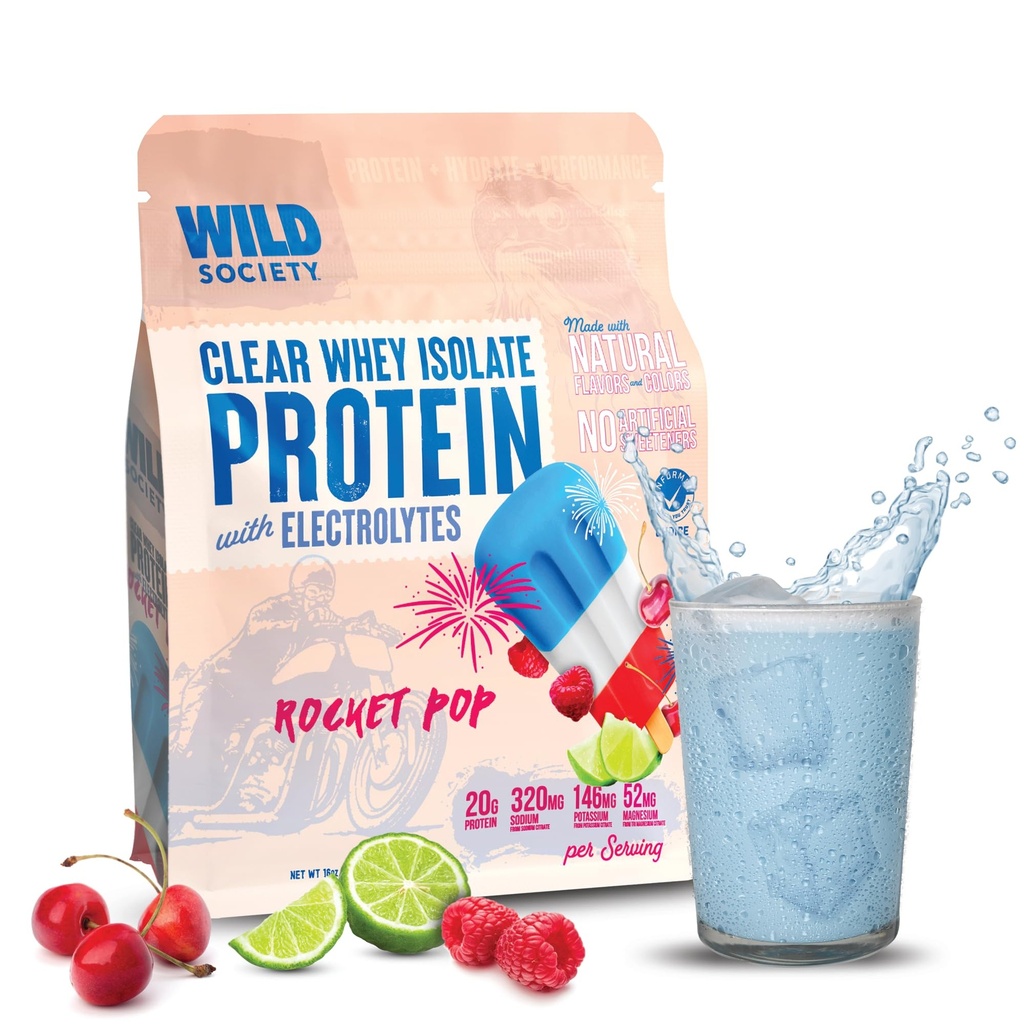 WILD SOCIETY - 명확한 Whey Protein + Electrolytes - Whey Protein Isolate Powder - 20g Protein, 0 Sugar 추가, GMO-Free, 천연 향 및 색상 - 로켓 팝, 16 oz