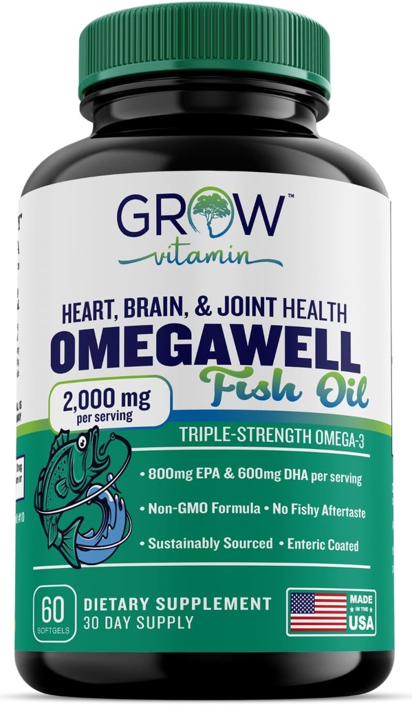 성장 비타민 트리플 강도 오메가 3 생선 기름, 800 mg EPA 600 DHA 보충 심장, 두뇌 및 면역 지원, 흡수성 트리플 강도, 지속 가능한 Sourced - Mini Softgels - 30 일 공급