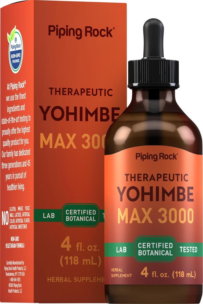 Piping Rock Yohimbe Bark Extract Supplement | 4 Fl Oz | 남자와 여자를위한 초본 액체 드롭 | 알코올 무료 | 채식주의, 비 GMO, 글루텐 무료