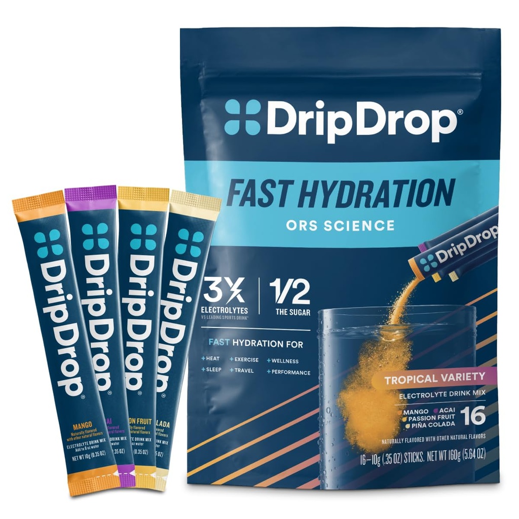 DripDrop Hydration Packets - 열대 다양성 팩 - 단일 Serve Electrolytes Powder Drink Mix - Mango, Açaí, 열정 과일, Piña Colada - Non-GMO, 글루텐 무료, Vegan - 16 스틱