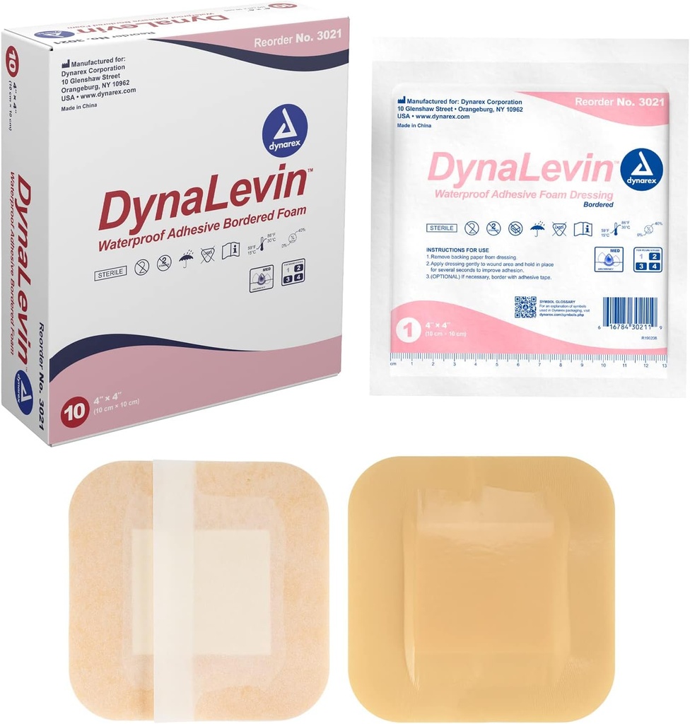 Dynarex Dynalevin 방수 접착제 국경 거품, 10 Count/4 x 4 인치