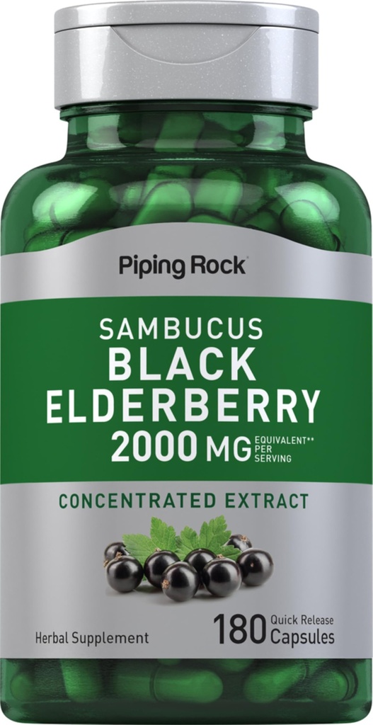 Piping Rock Elderberry 캡슐 | 2000 mg | 180 알약 | Sambucus 초본 추출물 보충 | 농축 추출물 | Non-GMO, 글루텐 무료