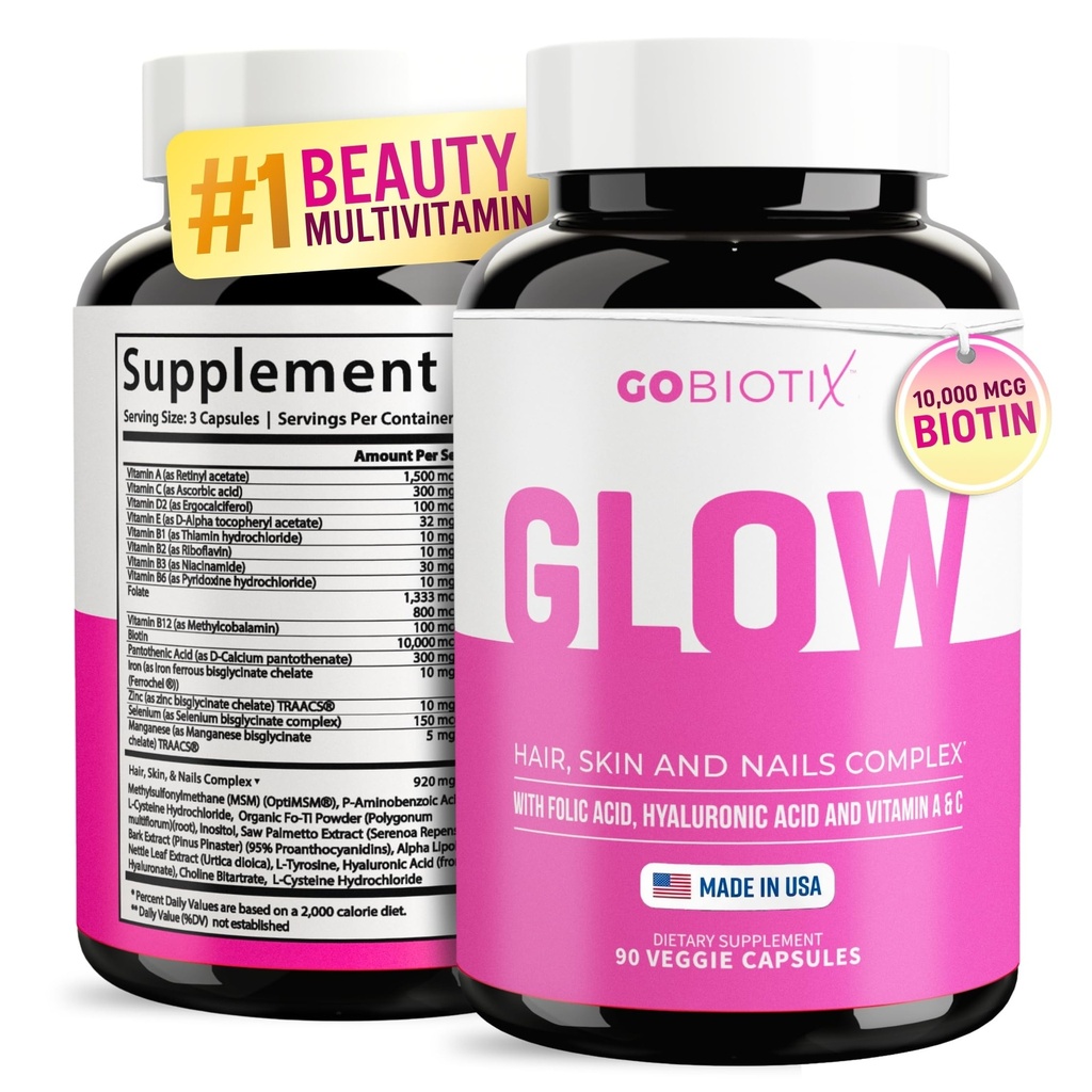 GOBIOTIX 머리 피부와 네일 비타민 보충 - Hyaluronic 산, Folate, 철, 마그네슘 및 아연을 가진 10000mcg Biotin 알약 - 교원질 생산, 머리 성장 - 30의 서빙