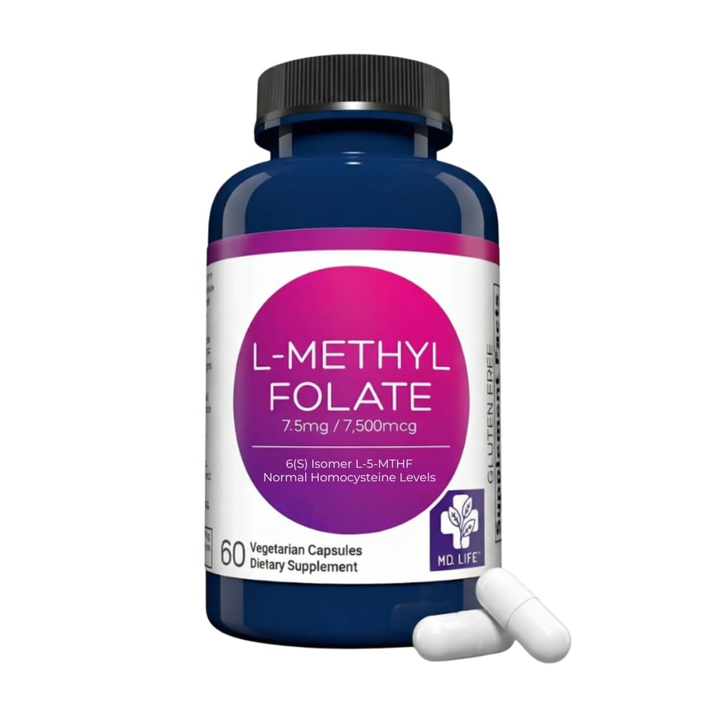 MD 생활 L-Methylfolate 7.5 mg 보충교재 - 직업적인 급료 활동적인 L Methylfolate 보충교재 - 60의 캡슐 - L-Methylfolate 7.5mg - 최대 힘 MTHFR W/Essential 아미노산