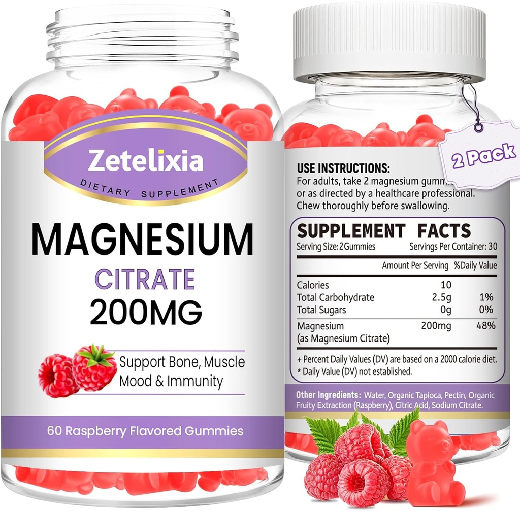 2 팩 마그네슘 구연산염 Gummies, 성인, 근육 & 이 지원을 위한 높은 흡수 마그네슘 Gummies, Vegan 자연적인 딸기 풍미 120 Cts
