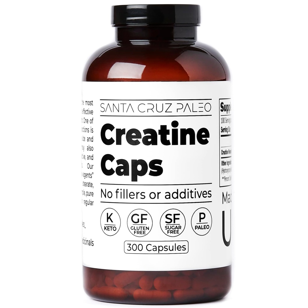 Santa Cruz Paleo Creatine 캡슐, 근육 성장 및 에너지 지원, 글루텐 무료, 케토, 설탕 무료, Paleo, 필러 없음 또는 첨가제, 크레아틴 Monohydrate 알약, 2500mg, 100 서빙, 300 캡슐