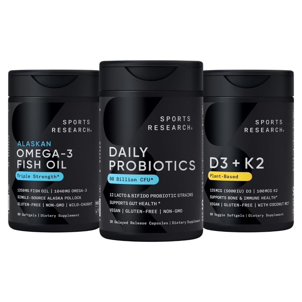 스포츠 연구 야생 알래스카 Pollock 오메가 3 물고기 기름 90 Softgels (1250 mg) + 프리 바이오 틱스, 60 억 CFU (30 Softgels) + 5000 IU 비타민 D + 100mcg Mk7 비타민 K (60 Softgels)