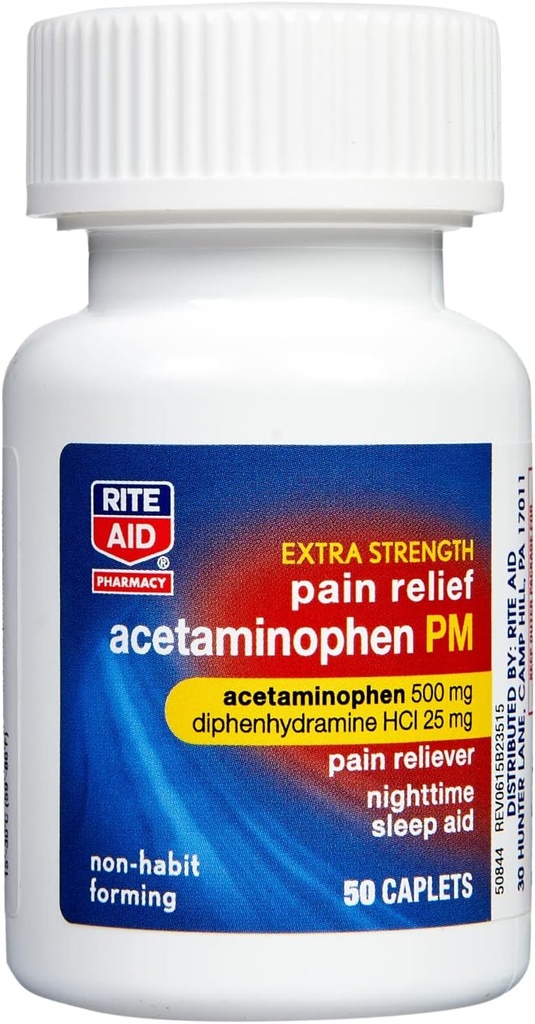 Rite Aid Extra Strength PM Pain Relief Caplets, 500mg Acetaminophen / 25mg Diphenhydramine - 50 Count | 야간 PM Pain Reliever + Sleep Aid | 관절 통증 완화 | 생리 통증 완화 + PMS 완화