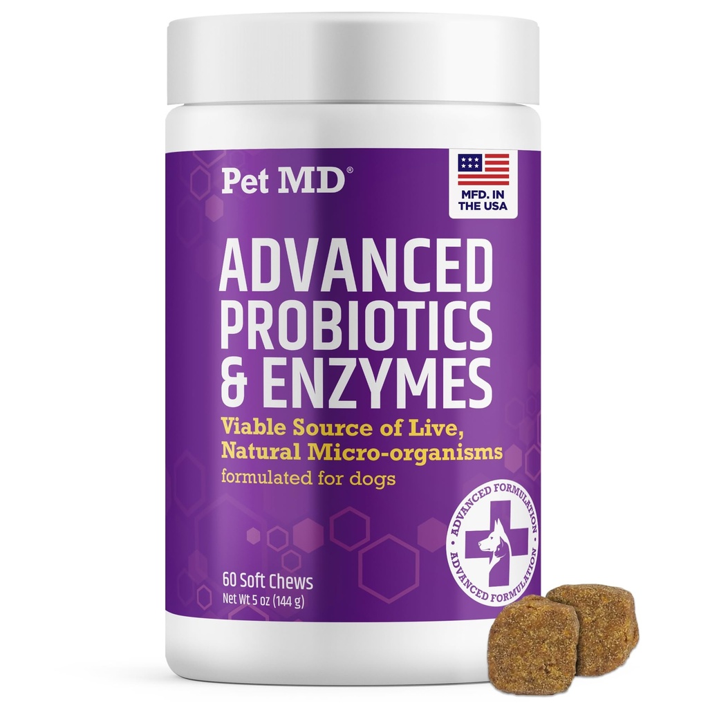 애완 동물 MD Probiotics & Enzymes for Dogs - Prebiotics를 가진 Gut 건강 Chews - Upset Stomach, Diarrhea, Constipation, 또는 가스를 가진 개를 위한 소화 원조 - 개를 위한 기능적인 Probiotics - 60 ct