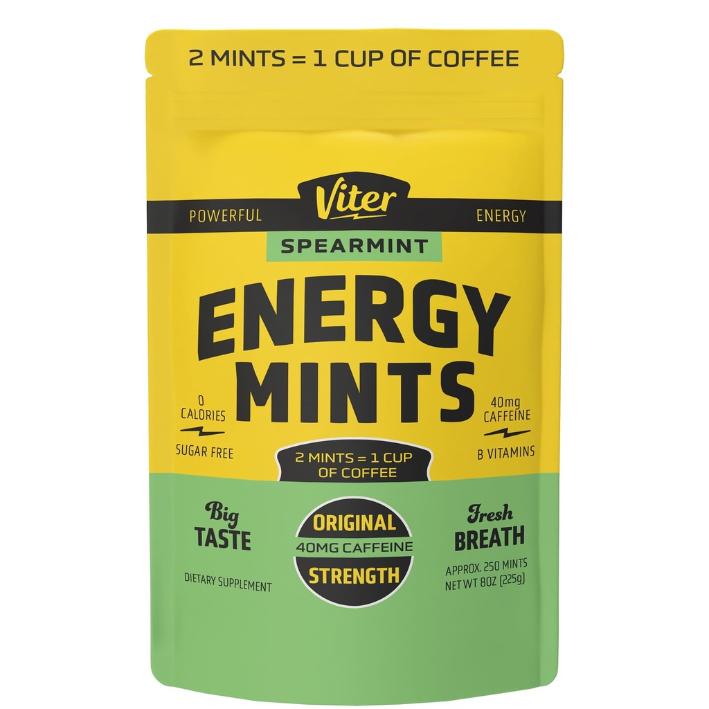 Viter 에너지 40mg 카페인 Mints - 설탕 무료, B 비타민, Vegan, Boosts 빠른 Energized Alert 초점, Caffeinated Nootropic 보충교재 알약 (스페인 풍미, 8oz, 대량 부대)