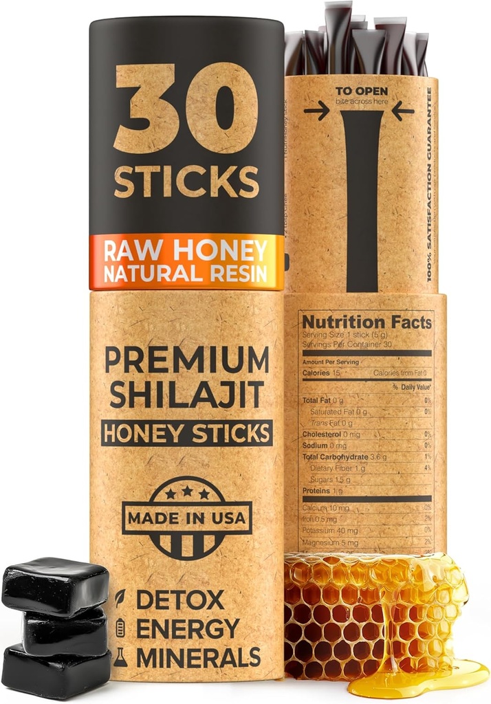 NATURAL SHILAJIT 꿀 스틱 - Shilajit Resin with Raw Honey, Fulvic Acid & Trace Minerals, 에너지를위한 식물 기반 영양소, 면역 지원 및 활력 - 30 Shilajit 스틱