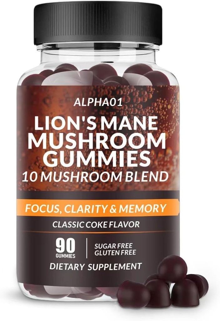 버섯 Gummies - Ashwagandha 및 Lion Mane가있는 10x 버섯 보충 - Nootropic Brain Supplement, 면역 지원 및 스트레스 완화 (90 CT) 클래식 코크