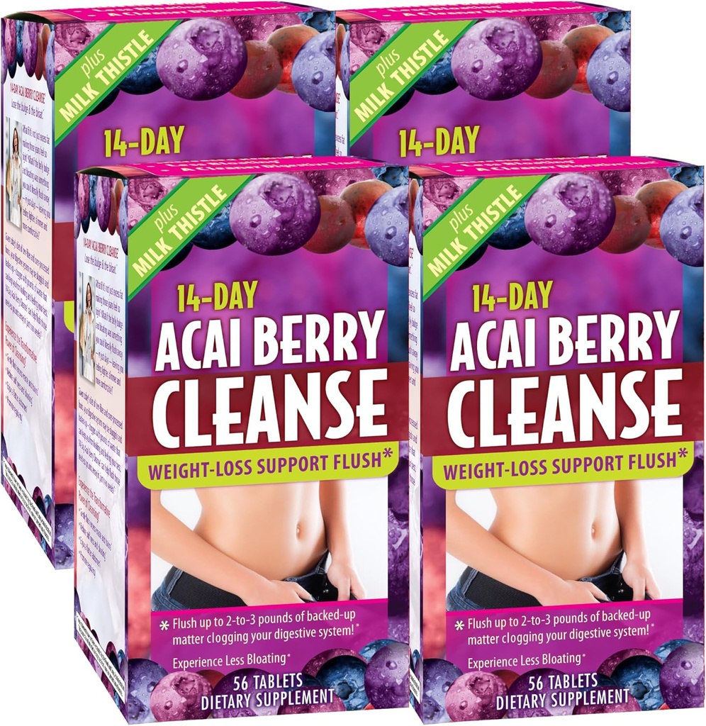 Applied Nutrition 14-Day Acai Berry Cleanse - 56 정제, 4 팩 - Weight-Losss Support Flush + Milk Thistle - 112 총 서빙