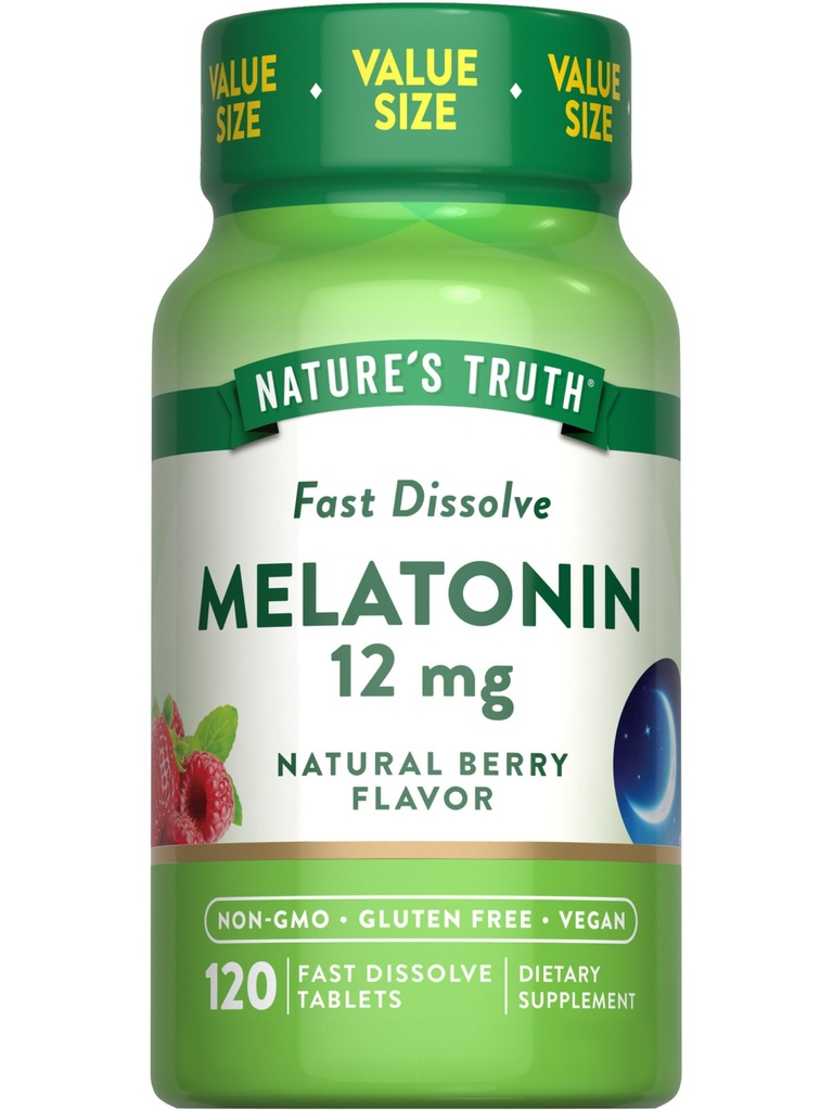 Nature's Truth Melatonin Tablets | 12mg | 120 개 | 천연 베리 맛 | 빠른 용해 | Vegan, Non-GMO 및 글루텐 무료 보충