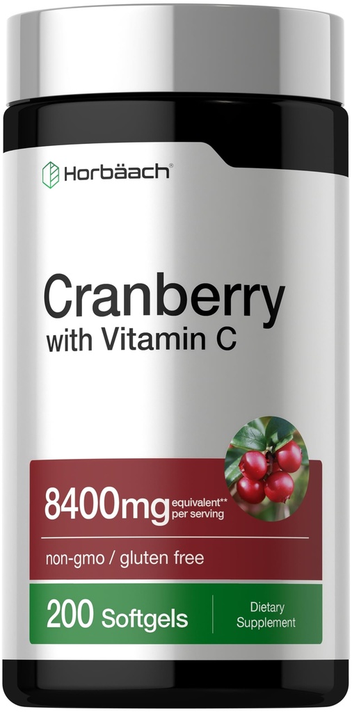 Horbäach Cranberry Pills for Women and Men | 8400mg | 200 Softgel | 비타민 C가있는 보충 교재 | 비 GMO, 글루텐 무료