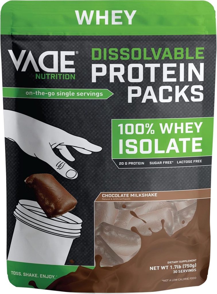 VADE 영양 분해성 단백질 팩 - 100 % Whey Isolate Protein Powder Chocolate Milkshake - 낮은 Carb, 낮은 Calorie, Lactose Free, Sugar Free, Fat Free, Gluten Free - 30 Packets to Go