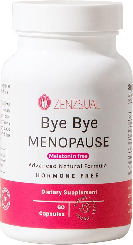 ZENZSUAL Bye Bye Menopause는 여성을 위한 보충 교재 – 뜨거운 섬광, 밤 땀, 무드 그네 & 호르몬 균형 – Melatonin-Free, Vegan, 에스트로겐 자유로운 공식 – 60의 캡슐을 위한 자연적인 Menopause 지원