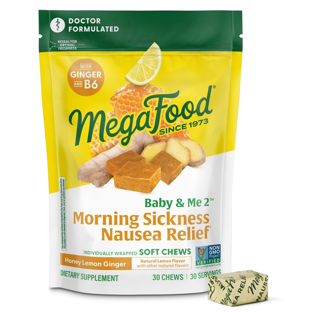 MegaFood Baby & Me Prenatal Morning Sickness Relief, Ginger Chews, 비타민 B6, 9 식품 알레르기없이 만든, 꿀 레몬 생강 맛, 30 Chews