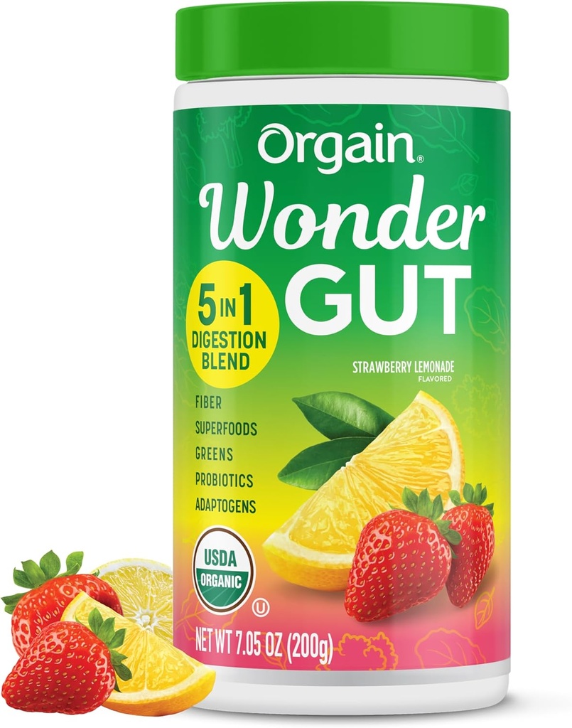 Orgain Organic Wonder Gut Fiber Supplement Powder, 1 Billion Probiotics, Green, 비타민 C, Gut Health 및 Immune Support, Non-GMO, Strawberry Lemonade, 7.05 온스를위한 Adaptogen