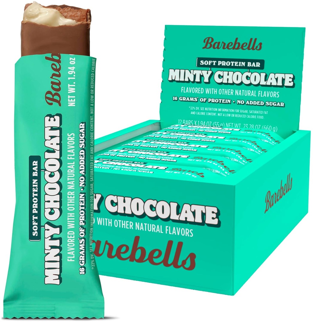 Barebells Soft Protein Bars, Minty Chocolate - 12 Count, 16g High Protein Treats - 1g Total Sugars가있는 초콜릿 영양 바 - Go Breakfast 또는 Post-Workout Snack에서