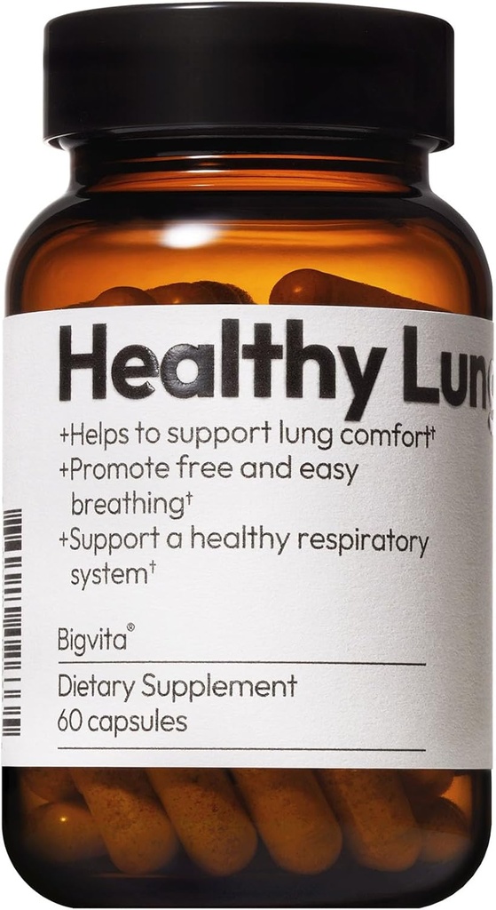 BIGVITA Lung Health Vegan Gluten Free Dietary Lung Support Supplement for Lung Detox & Cleanse, 호흡 면역 지원 및 Clear Mucus & Relieve Cough, 60 캡슐