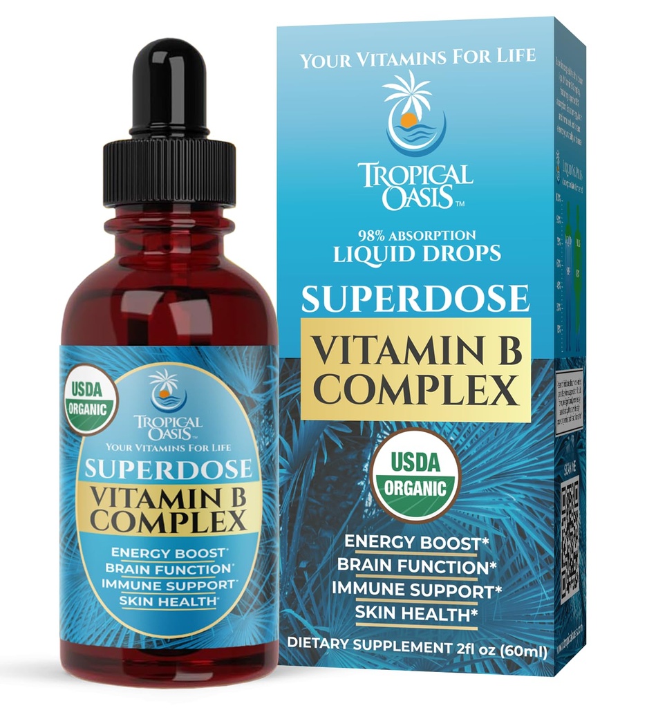 Superdose Organic Vitamin B Complex Liquid Drop | 125,000% DV Vitamin B12, B6, Biotin, Niacin, Folate | 에너지, 뇌 건강, 면역 지원 | USDA Organic, Vegan, Non-GMO | 60 Serv, 2 Mo. 공급