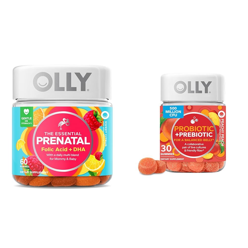 OLLY Essential Prenatal Gummy Multivitamin, 30 일 공급 (Gummies), 단, Folic 산 & Probiotic + Prebiotic Gummy, 소화 지원 및 Gut 건강, 500 백만 CFUs, 섬유
