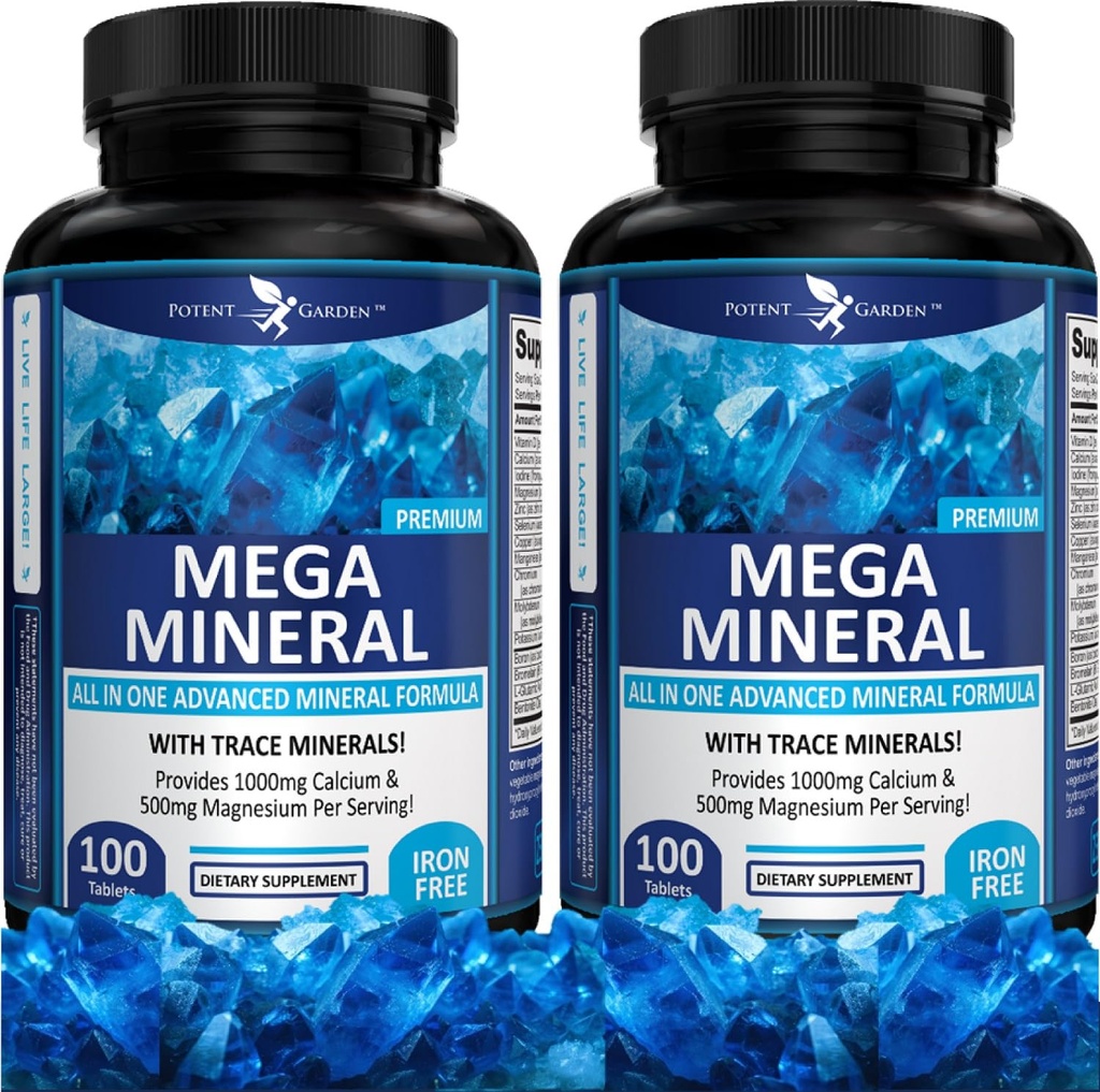 유력한 정원 2 팩 메가 무기물 보충교재 칼슘 마그네슘 아연 칼륨 Boron Selenium 크롬 & 72 Trace 무기물 철 자유로운 칼슘 보충교재 -200 알약을 가진 완전한 무기물 단지