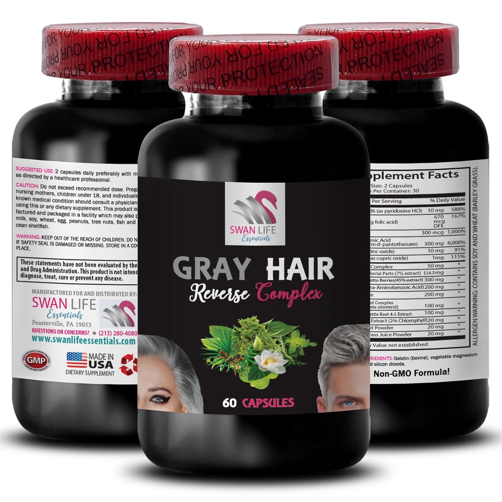 회색 머리 보충교재 - GRAY HAIR REVERSE - 머리 revitalization, 강렬한 머리 색깔, 자연적인 빛, 동적인 색깔, 갱신된 머리 외관, 머리 놀, 신선한 진동, 색깔 re-energizer 1Bot 60Caps