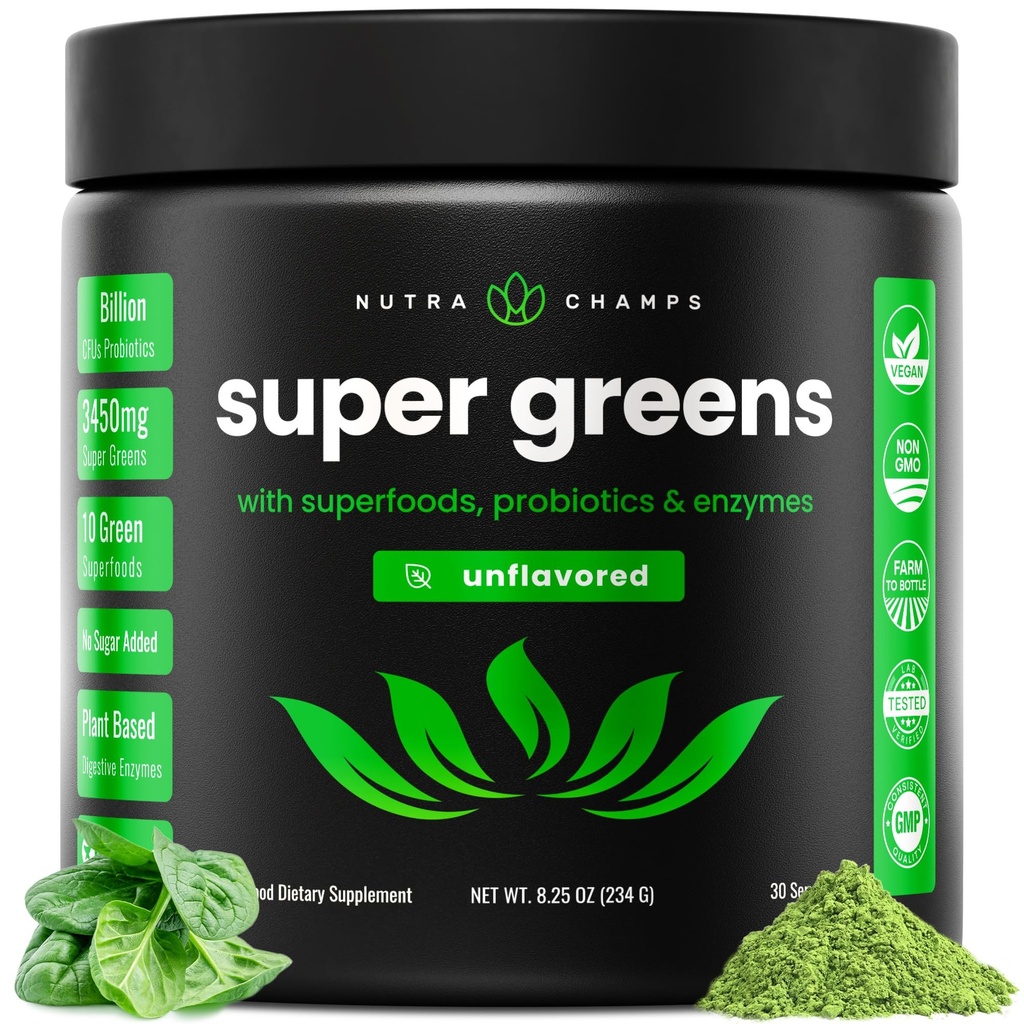 NutraChamps Super Greens Powder Premium Superfood | 20+ Organic Green Veggie Whole Food | 밀 잔디, Spirulina, Chlorella | 산화 방지제, 소화 효소 및 프로바이오틱 혼합 (9.0 Oz, Unflavored)