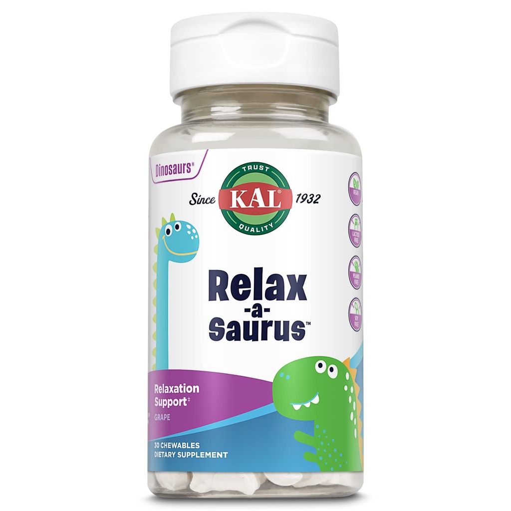 KAL Relax-a-Saurus, 아이들을위한 스트레스 지원 보충, 허브 스트레스 완화 및 Relaxation & Blend, 맛있는 천연 포도 맛, 60 일 보증, 30 Chewable 어린이를위한 L-Theanine