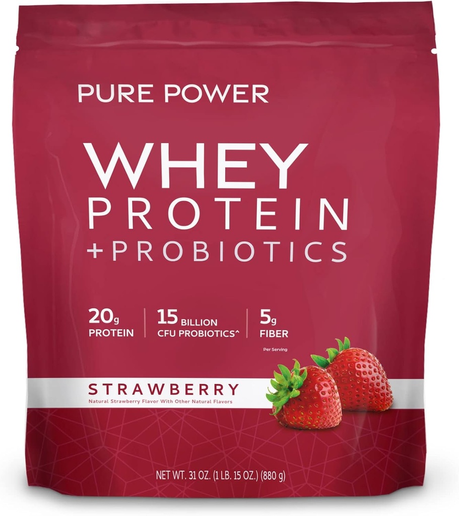 Mercola Pure Power Whey Protein + Probiotics 박사 - 근육 회복 및 소화 건강 지원 - Pasture-Raised Whey - MCTs & Fiber - Vanilla - 31 oz (22 서빙) - Strawberry