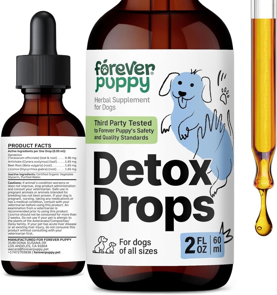 개를위한 영원히 강아지 데톡스 드롭 - 댄 델리온 루트 & 댄 델리온 리프 Liver 및 Kidney Support - 초본 Detox & Antioxidant 지원 모든 품종 및 크기의 개를위한 보충 - 2 fl oz