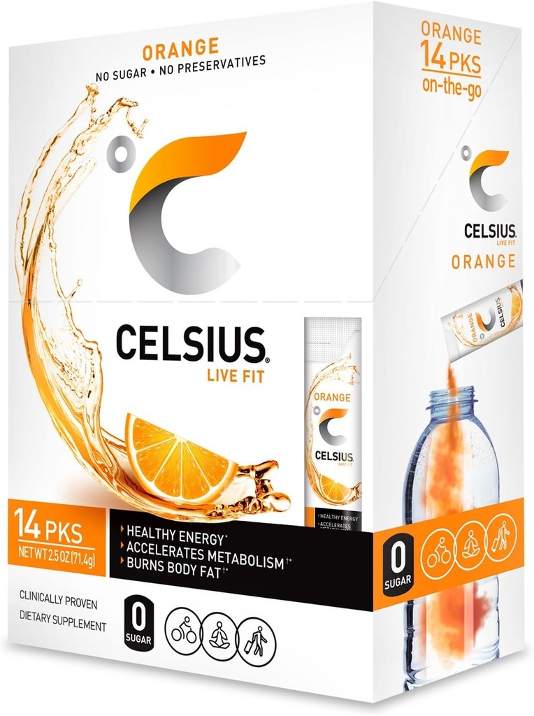 CELSIUS Orange On-the-Go Powder 스틱 팩, 14 팩
