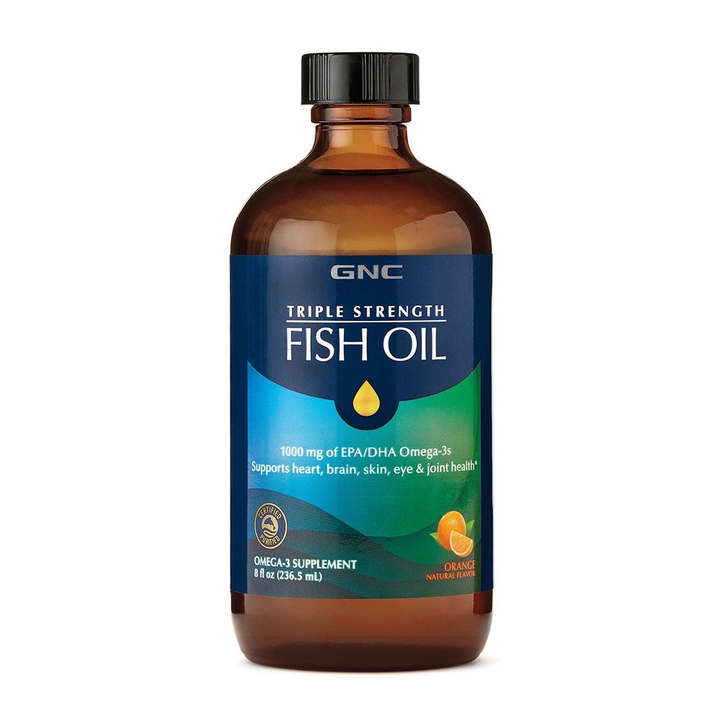 GNC 트리플 힘 물고기 기름 액체 보충교재, 야생 깊은 바다 잡초. 1000mg EPA DHA Omega 3s로, 심장, 뇌, 피부, 눈, 합동 건강, 자연적인 오렌지 풍미, 8개 Fl Oz, 47의 서빙