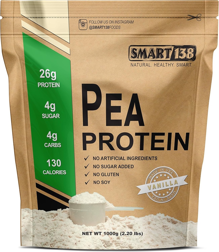 Smart138 Vanilla Pea Protein, Ultra-Fine Powder, Vegan, Gluten-Free, Soy-Free, Dairy-Free, Non-GMO, USA/Canada, Keto (Low Carb), 천연 BCAA (1000g / 2.2lbs, Vanilla)